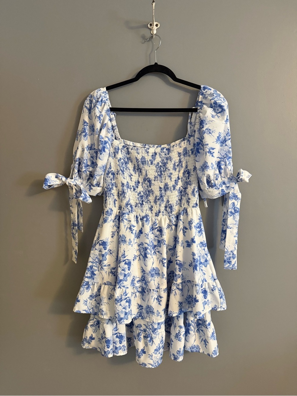 Blue Floral Square-Neck Tiered Dress